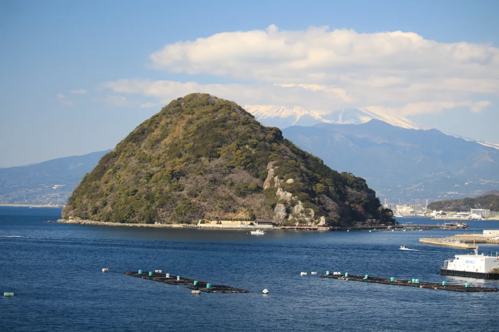 Wooded Awashima island rising from Uchiura Bay