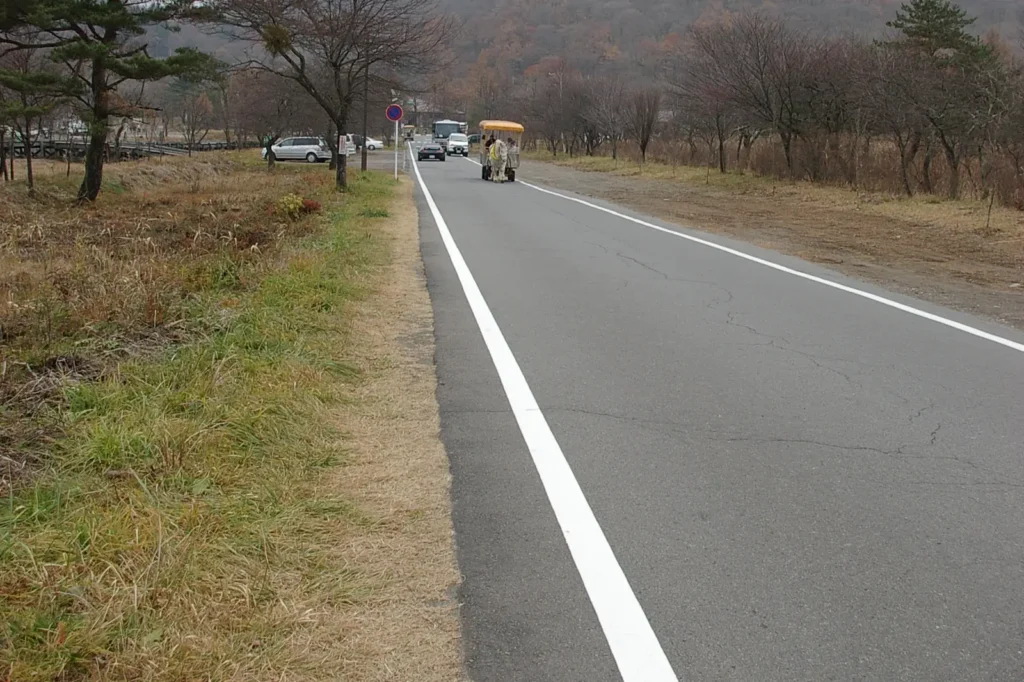 Two-lane road with painted centre line beside Lake Haruna, with parked cars and a horse-drawn carriage ahead, Gunma