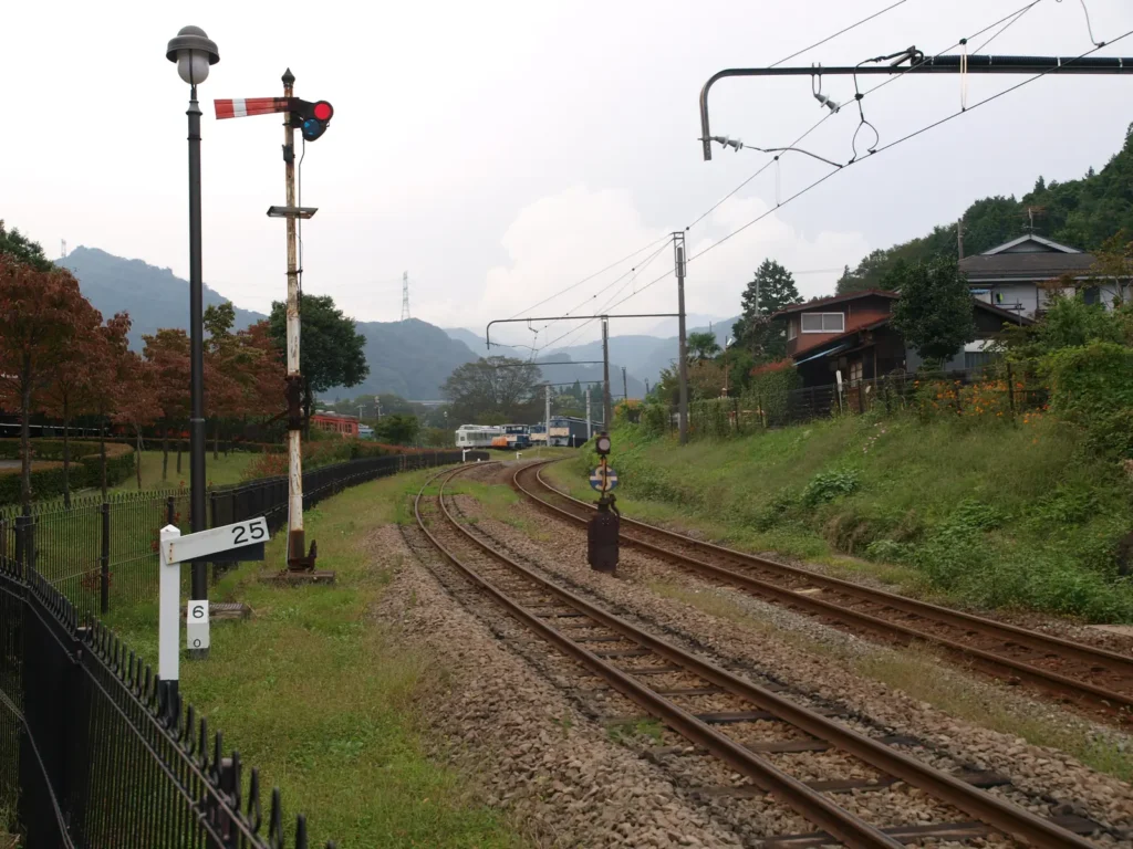 Railway tracks, a semaphore signal and old rolling stock at Usui Pass Railway Heritage Park, Gunma