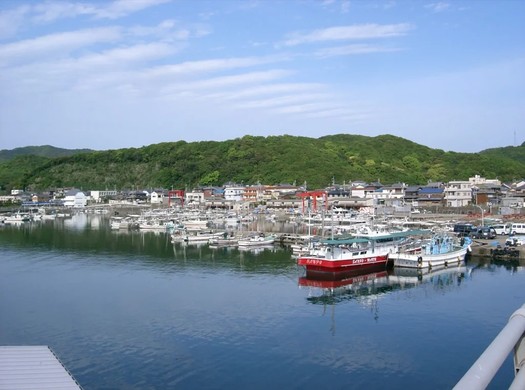Fishing boats moored in the calm water of Kada harbour, with houses along the shore and wooded hills behind
