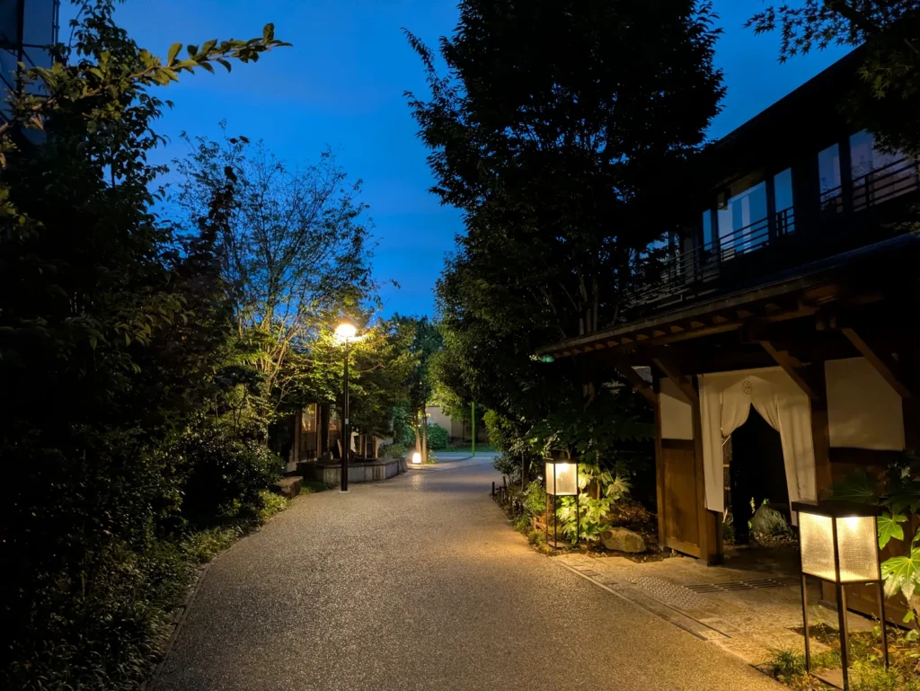 A lantern-lit path along the Shimokita Senrogai development at Daita in the evening