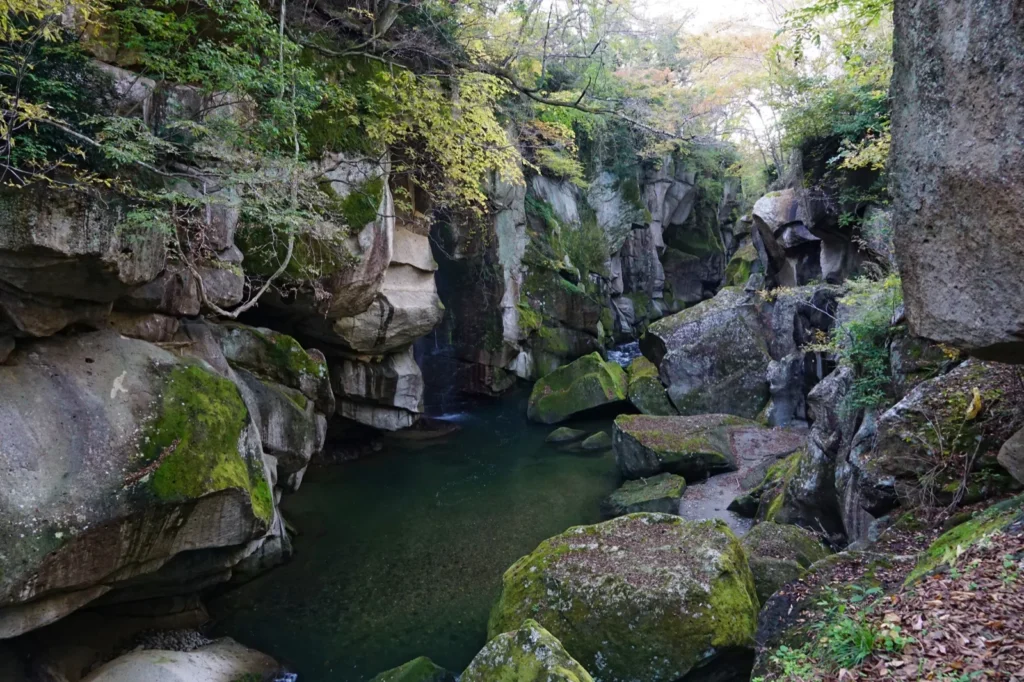 Mossy rocks and pools of dark green water in the narrow Rairaikyo gorge, with autumn trees above