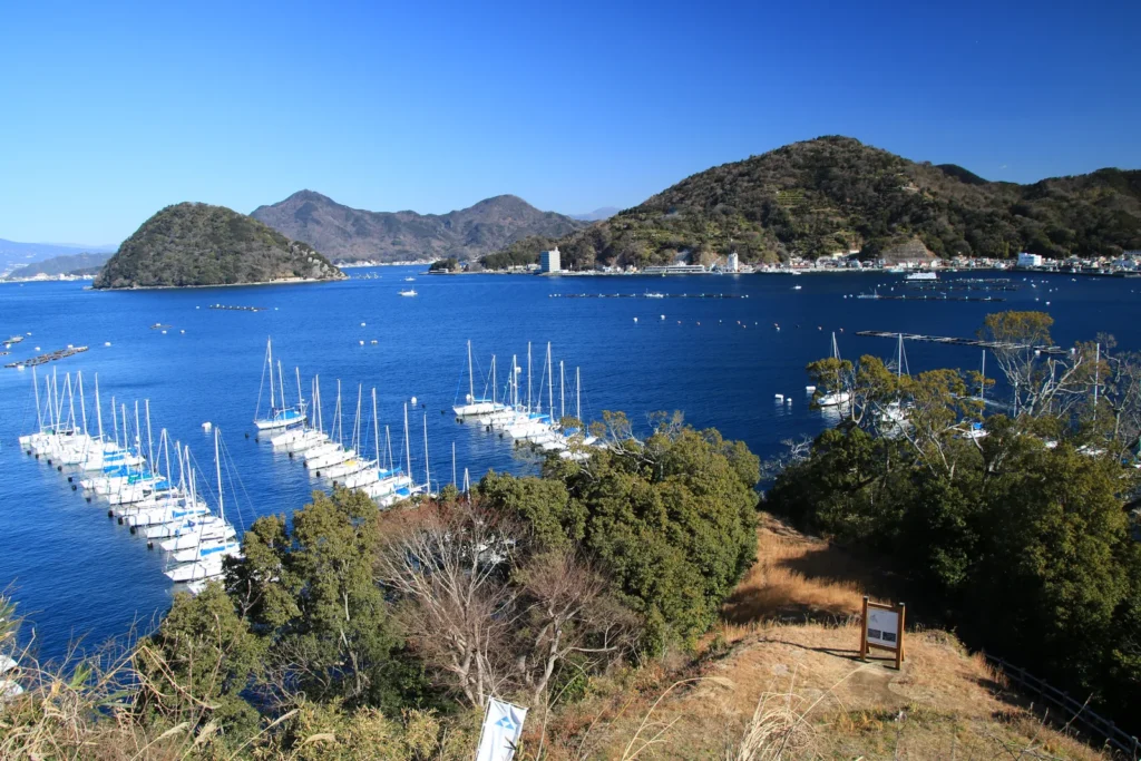 Yachts moored in Uchiura Bay seen from the Nagahama Castle site, Numazu